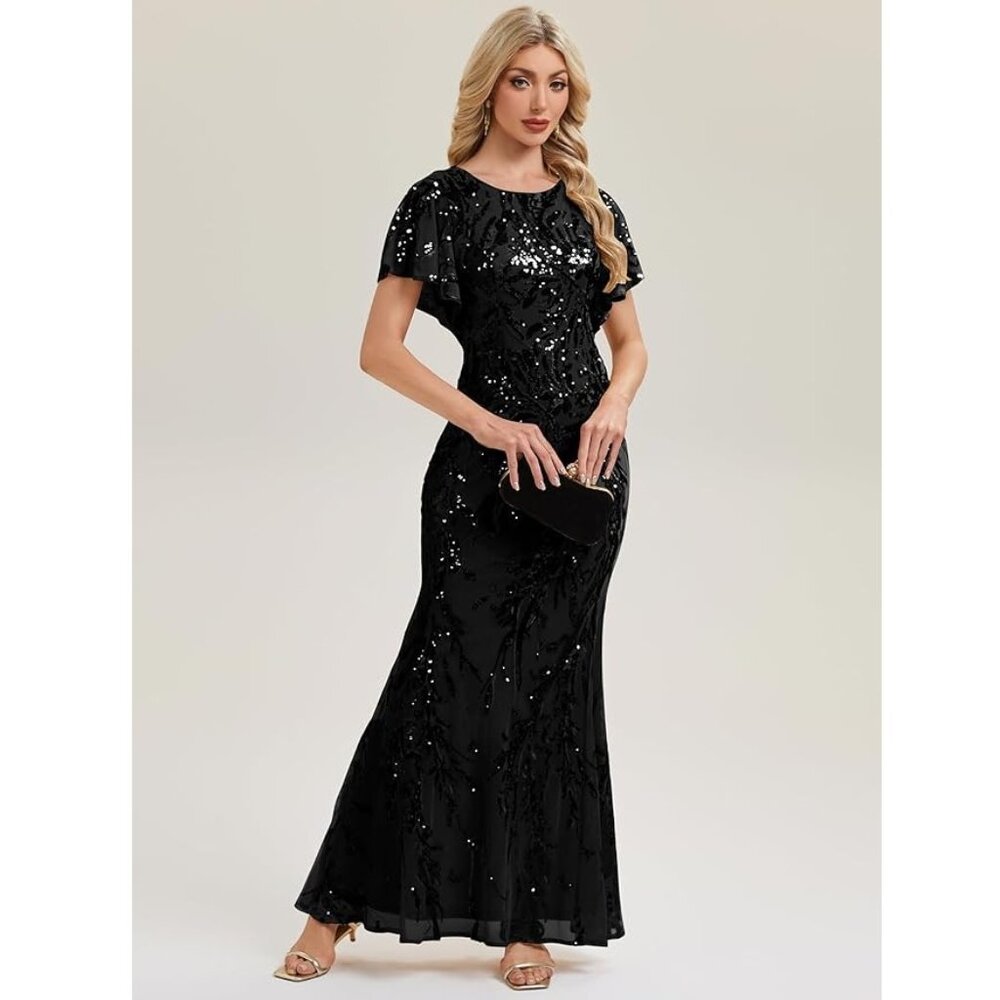 Ever Pretty Black Sequin Short Sleeve Mermaid Gown Formal Dress Sz 12 NWT! - Picture 2 of 7
